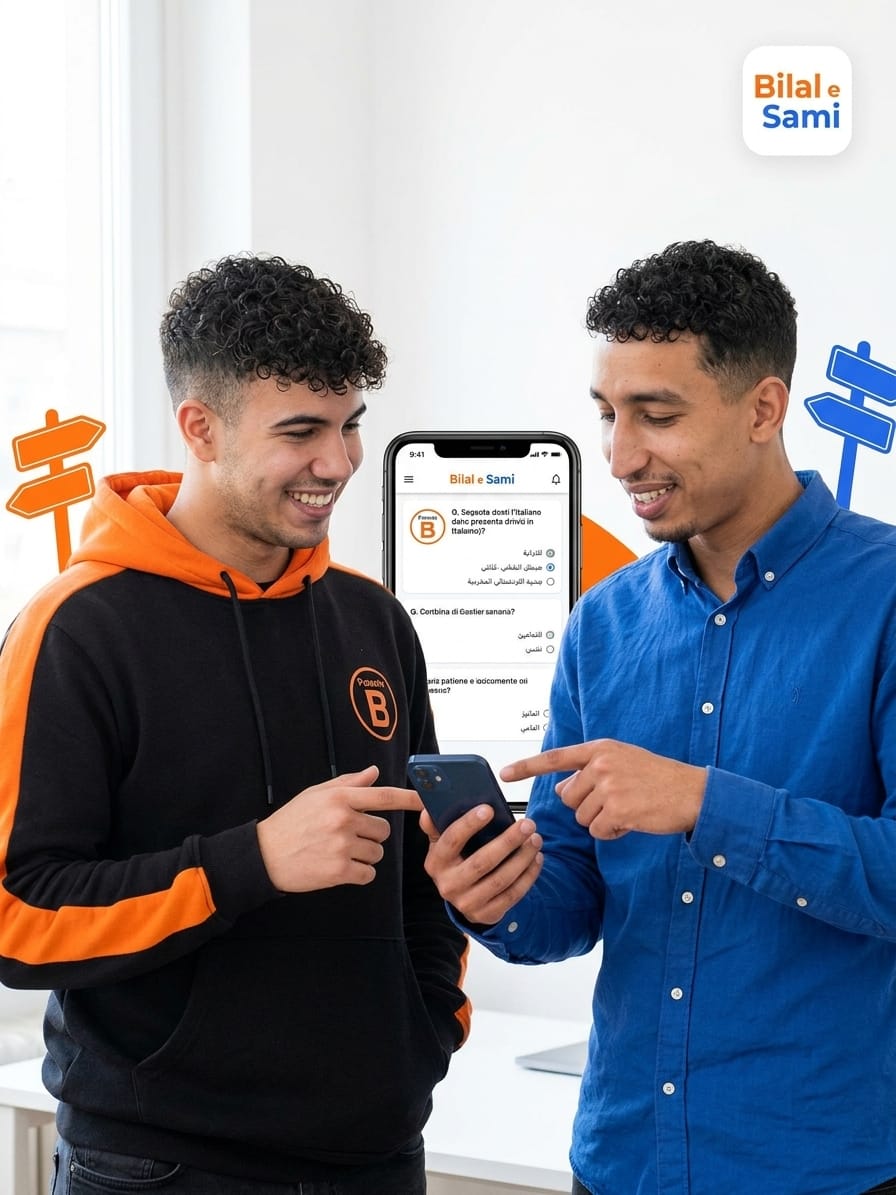 Bilal e Sami studiano insieme il vocabolario della patente B con l'app sul telefono