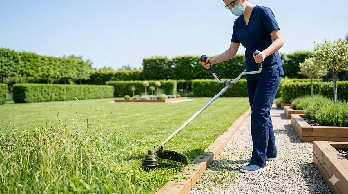 Cura del giardino e taglio dell'erba con decespugliatore professionale