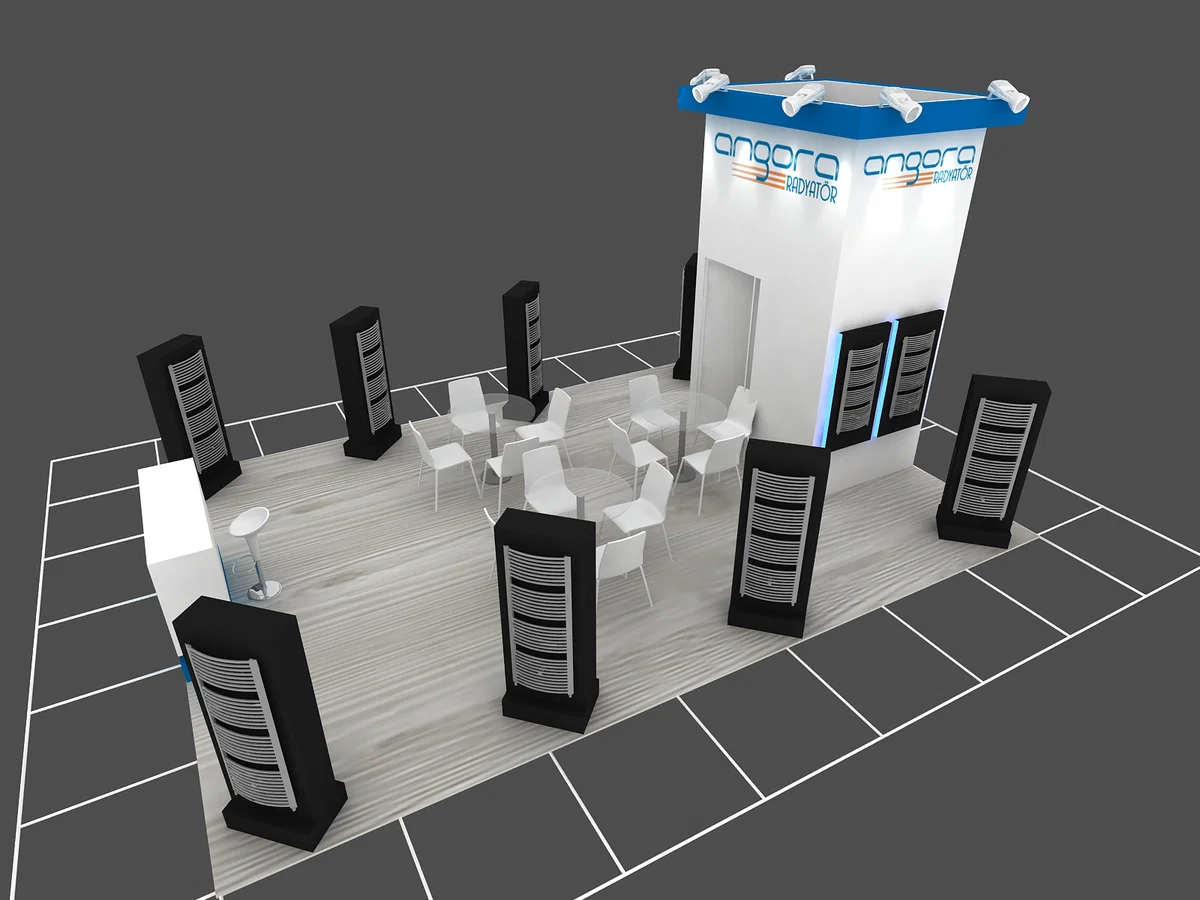 Render 3D progetto stand fieristico VipstandGroup — visualizzazione fotorealistica