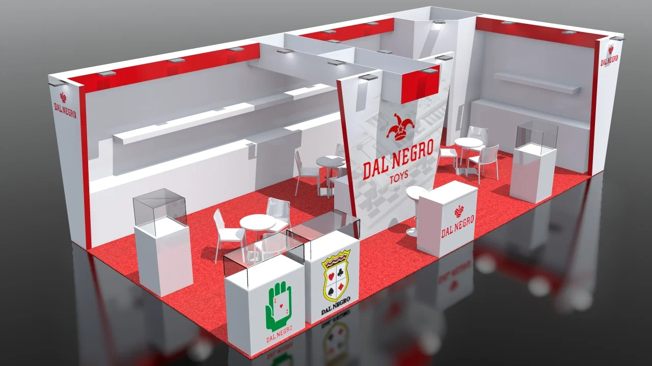 Render 3D stand interattivo digitale — tecnologia fiera
