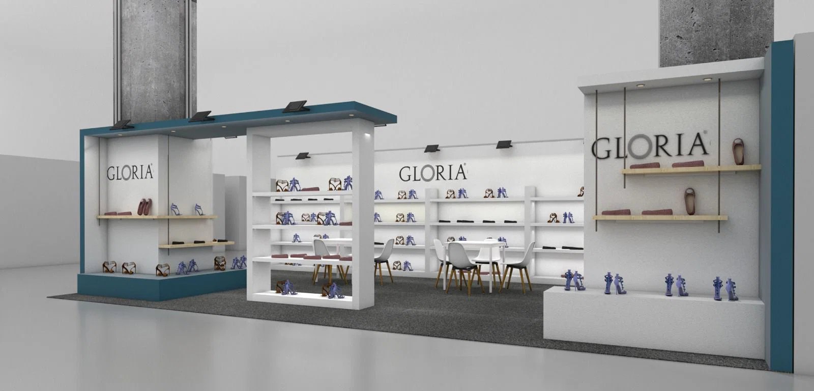 Render 3D stand eco-sostenibile — materiali green fiera