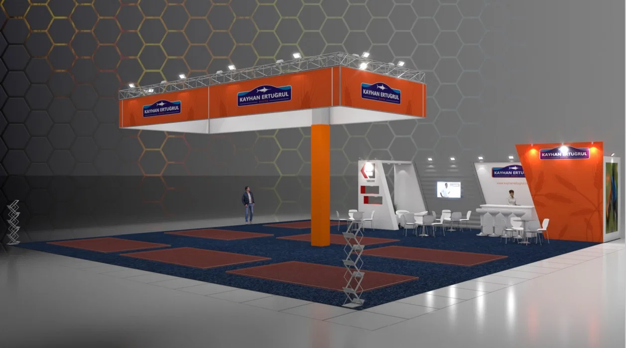 Render 3D stand doppio livello — two-story exhibition stand